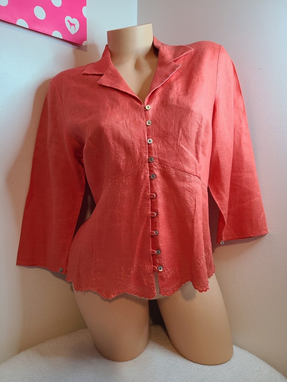 Vintage Valerie Stevens 100% Linen Eyelet Embroidered Button Down Blouse Size PL